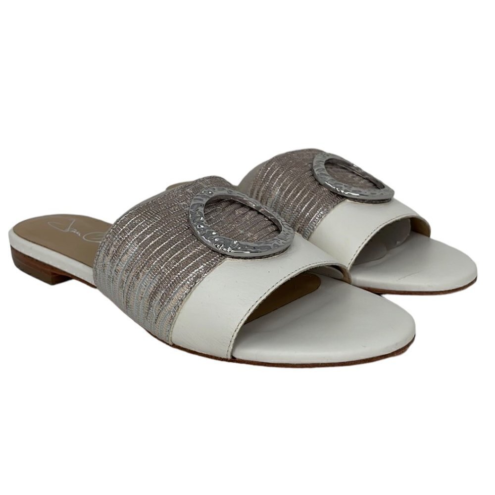 Joan Oloff Sandals Flats White Leather Silver Buckle Size 6.5
